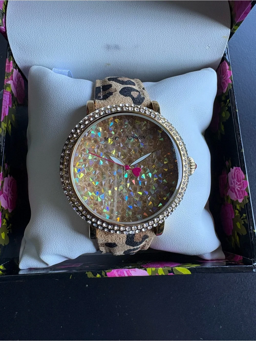 Betsey Johnson Gold Crystal Dial Watch with Leopard Print Strap